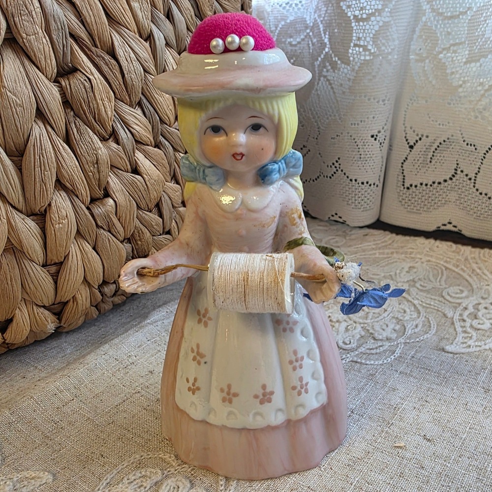 Reliance Pin Cushion Spool Holder  Sewing 6" Ceramic Girl Figurine Pink‎ Vintage